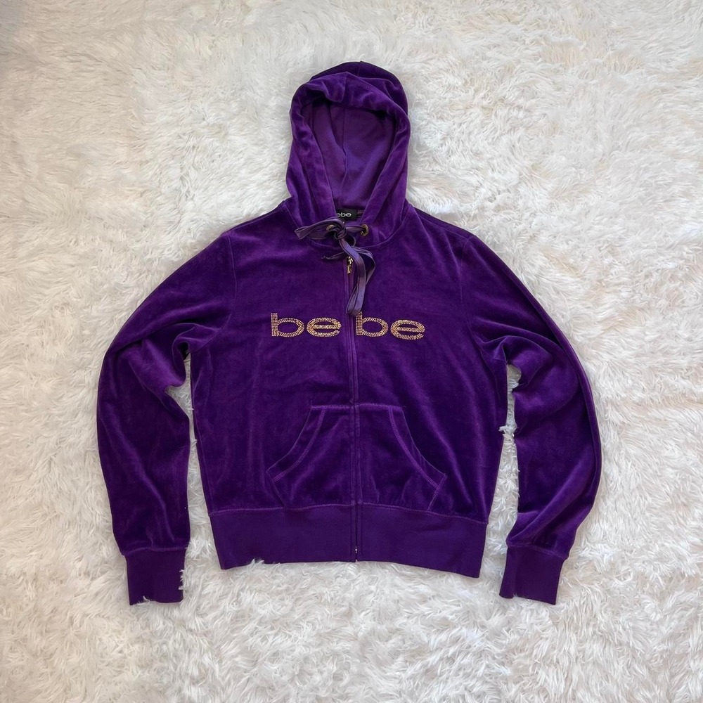 Y2K Bebe Purple Velour Sequin Zip Up Hoodie Sweatshirt Large